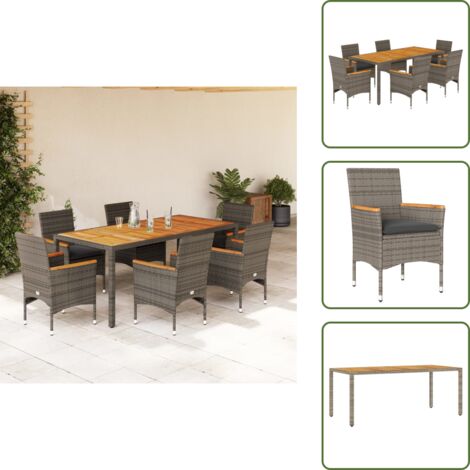 Mesa de jardín - vidaXL Set de comedor jardín 7 pzas con cojines ratán PE acacia gris - Cojines para sillas