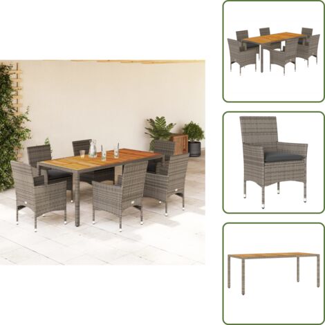 Mesa de jardín - vidaXL Set de comedor jardín 7 pzas con cojines ratán PE acacia gris - Cojines para sillas