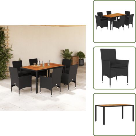 Mesa de jardín - vidaXL Set de comedor jardín 7 pzas con cojines ratán PE acacia negro - Cojines para sillas