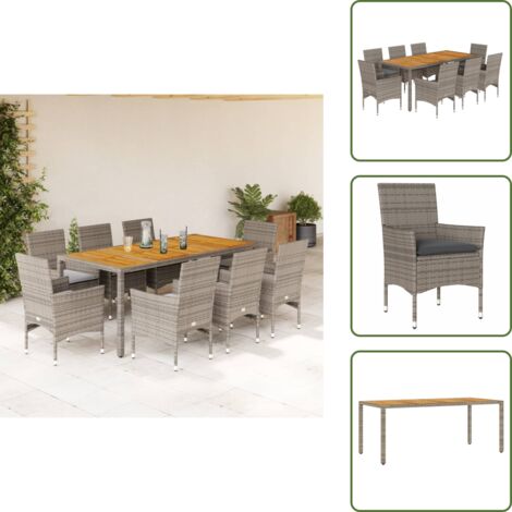 Mesa de jardín - vidaXL Set de comedor jardín 9 pzas con cojines ratán PE acacia gris - Cojines para sillas
