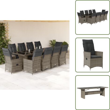 Mesa de jardín - vidaXL Set de mesa y sillas de jardín 11 pzas y cojines ratán PE gris - Ratán sintético