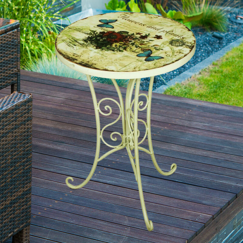 

Mesa de jardín pequeña mesa auxiliar retro brújula de metal mesa de balcón pequeña redonda, hierro blanco, D x H 60 x 70 cm