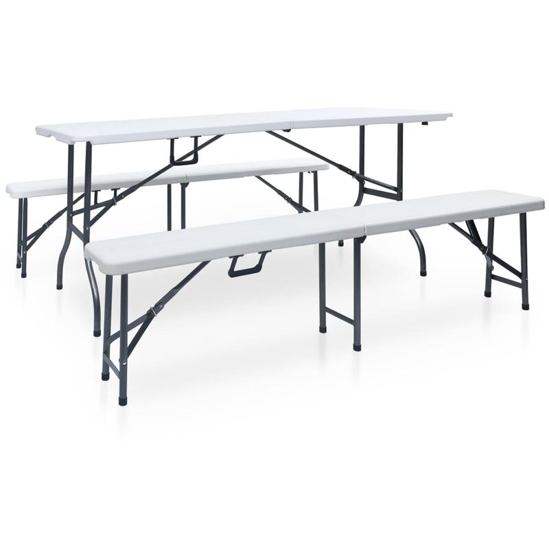 

Mesa de jardín plegable con 2 bancos acero y HDPE blanco 180 cm - Blanco