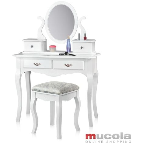 Mesa de maquillaje Mesa de cosmética Tocador Espejo Taburete tapizado Tocador