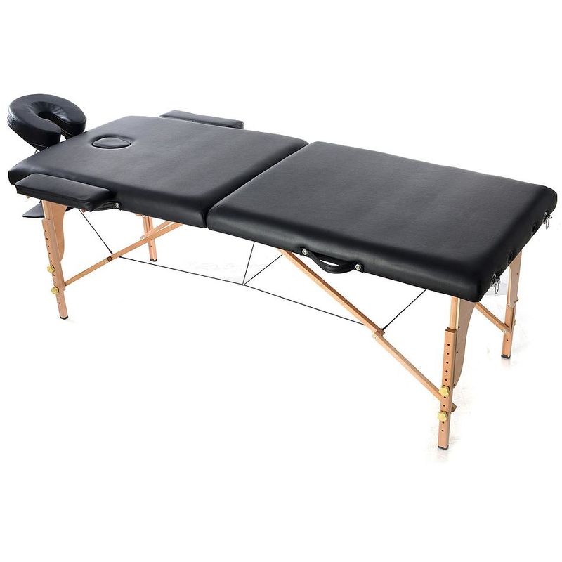 

Mesa de Masajes Plegable, Mesa de Terapia Profesional, Negro, 2 secciones plegables, Pata de madera, con reposacabezas, reposabrazos, bolsa de