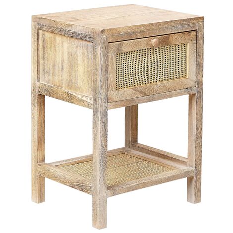 Mesa de noche de madera clara 35 x 29 cm 1 cajón frontal ratán boho Esto - Madera clara