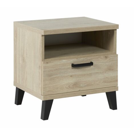 Mesa de noche robusta para habitación de bebé y niño con cajón y hueco, colección DANAÉ Color roble claro.