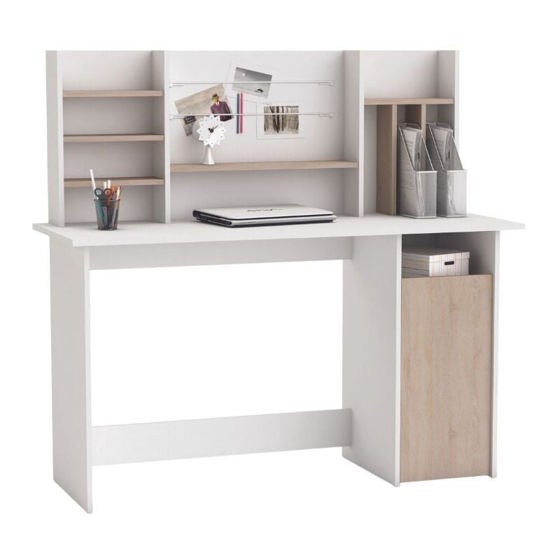 

Velocimuebles - Mesa de Ordenador Escritorio con altillo 135cm. Blanco y Roble. para habitación Juvenil, Estudio, despacho