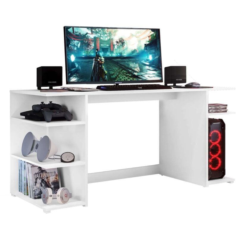 Bureau Tow 5H pour bureau style contemporain en blanc avec 3 étagères et support tour