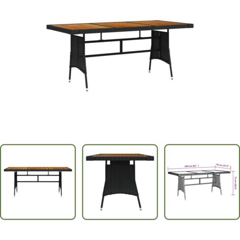 Mesa de patio -  Mesa de jardín ratán PE y acacia maciza negro 160x70x72 cm