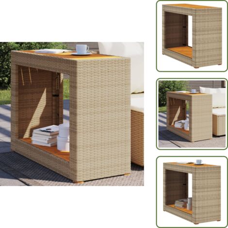 Mesa de patio - vidaXL Mesa auxiliar jardín tapa madera ratán PE beige 100x40x75 cm - Mesa de terraza