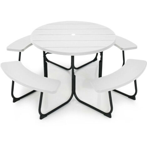 Mesa de picnic circular 190 x 76 cm 8 plazas agujero para sombrilla diseño exterior HDPE blanco 200011983