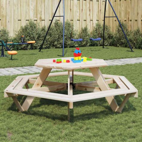 Mesa de picnic hexagonal 6 niños agujero sombrilla madera abeto