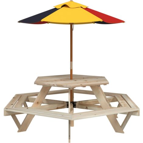 Mesa de picnic hexagonal 6 niños agujero sombrilla madera abeto vidaXL