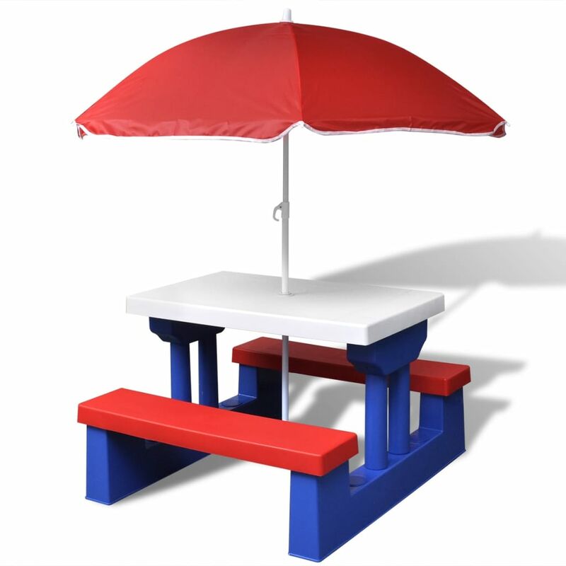 

vidaXL Mesa de picnic y bancos para niños y sombrilla multicolor - Multicolor
