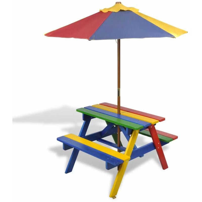 

Mesa de picnic y bancos de ninos y sombrilla madera multicolor