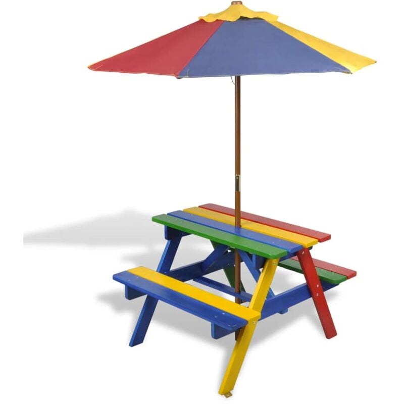 

Mesa de picnic y bancos de niños y sombrilla madera multicolor