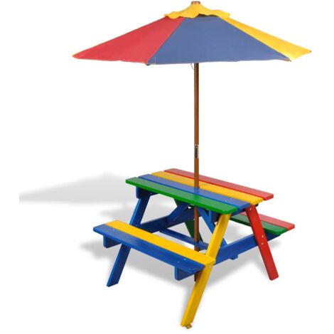 Mesa de picnic y bancos de niños y sombrilla madera multicolor