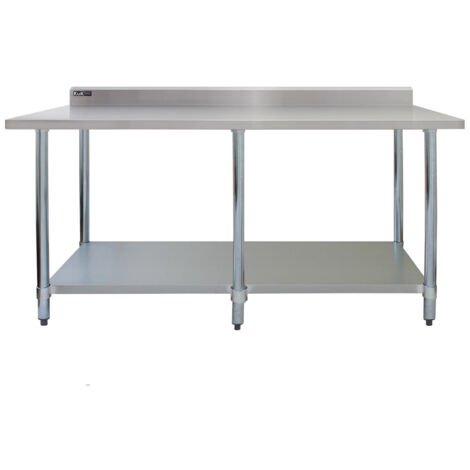 Mesa de Preparación de Comida Alimentos de Acero Inoxidable 210x90x60cm Encimera Banco Trabajos Cocina Restauración Gastronomía Altura Ajustable con Protector contra Salpicaduras y 2 Paños Microfibra