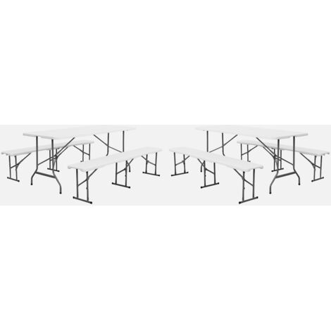 Mesa de recepción plegable acero 2 bancos (lote de 2), Fiesta set, Blanco, 180x69.5x73.5 cm