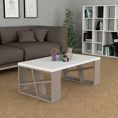 Mesa de salón color miel con sobre blanco y patas gris tórtola