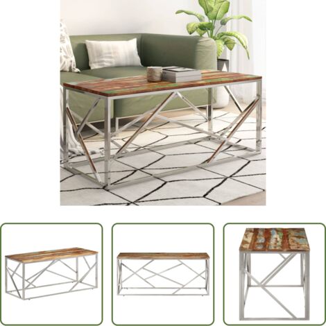 Mesa de salón -  Mesa de centro acero inox plateado y madera maciza reciclada