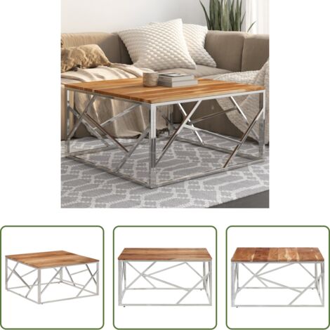 Mesa de salón -  Mesa de centro acero inoxidable plateado y madera maciza acacia