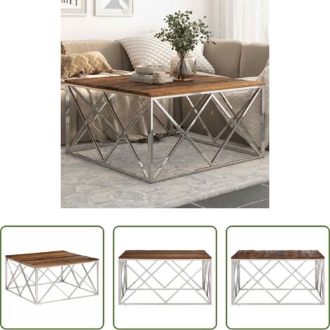 Mesa de salón -  Mesa de centro de acero inoxidable plateado y madera maciza