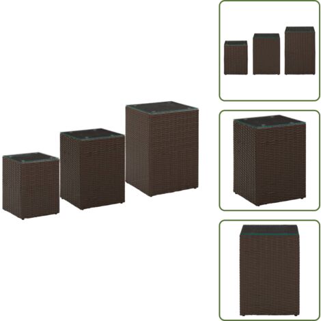 Mesa de sofá - vidaXL Mesa auxiliar 3 pzas superficie vidrio ratán sintético marrón - Ratán sintético