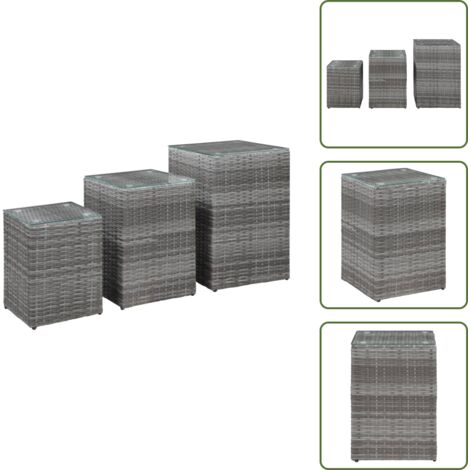 Mesa de sofá - vidaXL Mesas auxiliares 3 pzas superficie vidrio ratán sintético gris - Ratán sintético