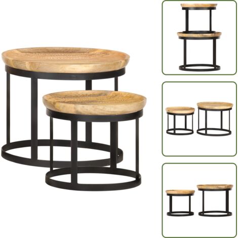 Mesa de sofá - vidaXL Mesas auxiliares redondas 2 uds madera maciza de mango y acero - Madera maciza