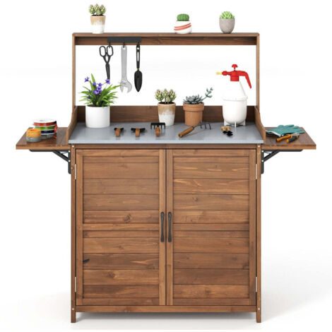 Mesa de trabajo de jardinería 138 x 47 x 128 cm con armario y estantes abatibles en madera rústica de abeto marrón 200018771