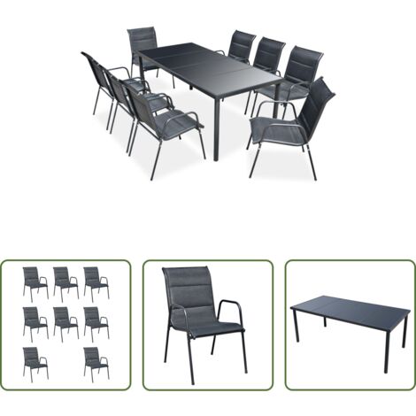 Mesa de vidrio -  Juego de comedor de jardín 9 piezas de acero negro