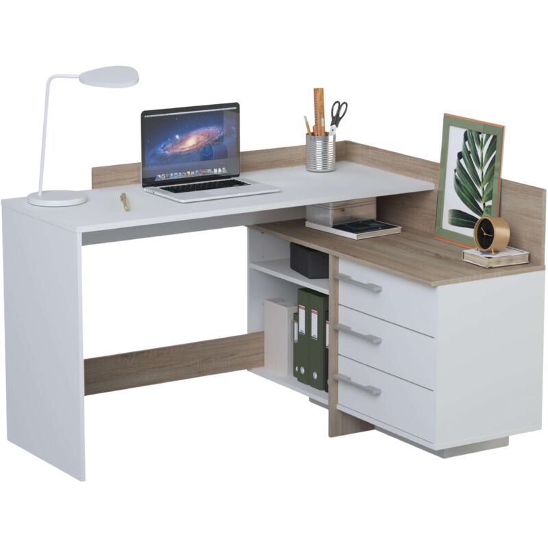 

Velocimuebles - Mesa Escritorio con cajonera y Varios departamentos en Color Blanco Perla y Roble Cepillado de 128x83cm 2 Opciones de Montaje