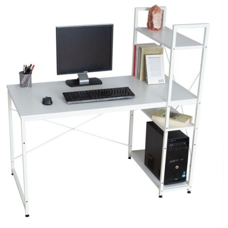 Mesa Escritorio Librería Oficina Estilo Contemporáneo en Blanco con 3 Estantes 120x112x60 cm