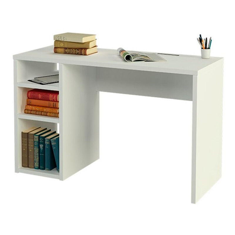 

Mesa escritorio, mesa estudio con 3 estantes, color blanco brillo, medidas: 120 x 75 x 50 cm de fondo
