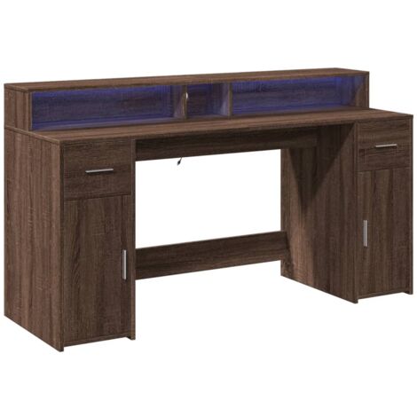 Mesa escritorio puesto de trabajo mobiliario informático estudio informático y luces LED madera contrachapada de roble marrón 020023794