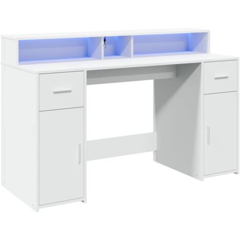 Mesa escritorio puesto de trabajo mueble ordenador estudio con luces LED 140 x 55 x 91 cm madera contrachapada blanco 020023406