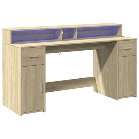 Mesa escritorio puesto de trabajo mueble ordenador estudio con luces LED roble sonoma madera contrachapada marrón 020023421