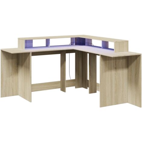 Mesa escritorio puesto de trabajo mueble ordenador estudio con luces LED roble sonoma madera contrachapada marrón 020023423