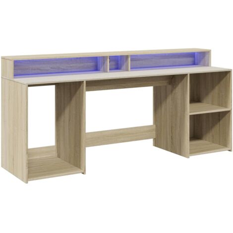 Mesa escritorio puesto de trabajo mueble ordenador estudio con luces LED roble sonoma madera contrachapada marrón 020023425