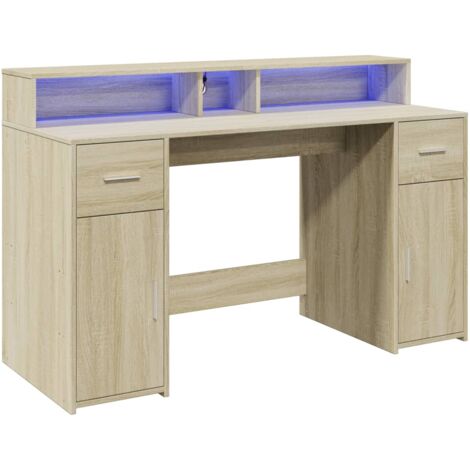Mesa escritorio puesto de trabajo mueble ordenador estudio con luces LED roble sonoma madera contrachapada marrón 020023426