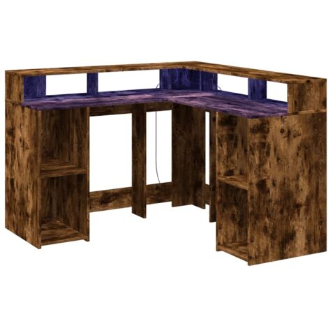 Mesa escritorio puesto de trabajo mueble ordenador estudio y luces LED roble ahumado 130 x 130 x 91 cm madera contrachapada marrón 020023783