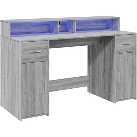 Mesa escritorio puesto de trabajo mueble ordenador estudio y luces LED sonoma 140 x 55 x 91 cm madera contrachapada gris 020023807