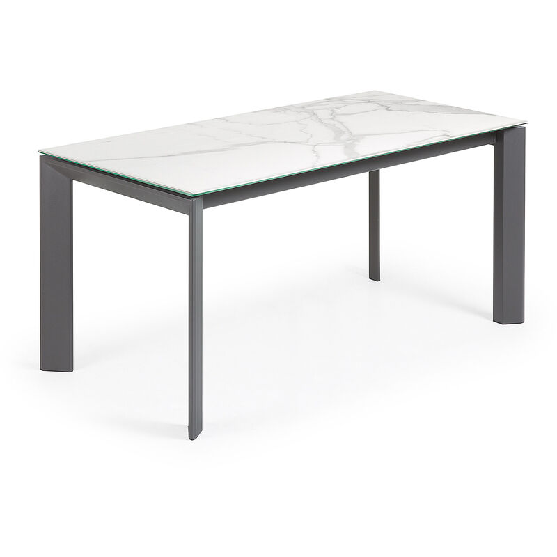 

Kave Home - Mesa de comedor extensible Axis rectangular 160 (220) x 90 cm de porcelana Kalos Blanco con patas de acero en grafito