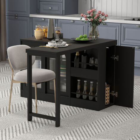 Mesa Extensible con 1 Puerta, 2 Estantes Ajustables y Estantes Abiertos, Tablero Giratorio 360°, para Cocina, MDF, 121,5 x 40 x 76,7 cm, Negro
