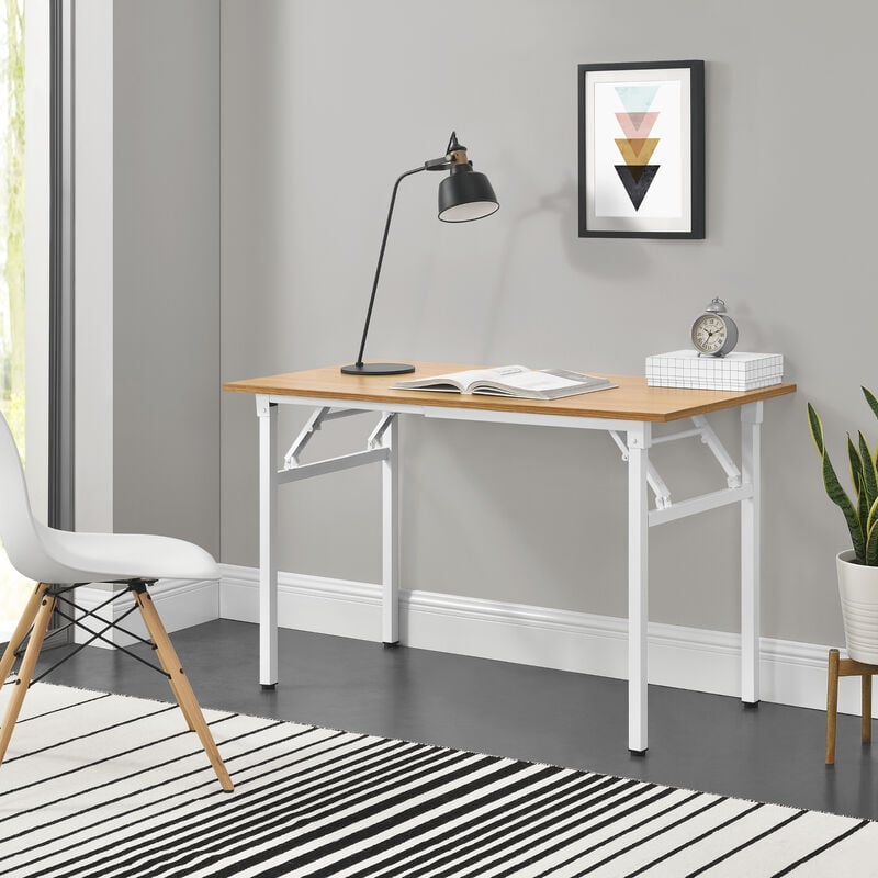 

Mesa extraíble de diseño - 120 x 60 cm - Altura ajustable 75 - 76,4 cm - Ahorra espacio - Plegable - Mesa pequeña - Color haya con patas blancas
