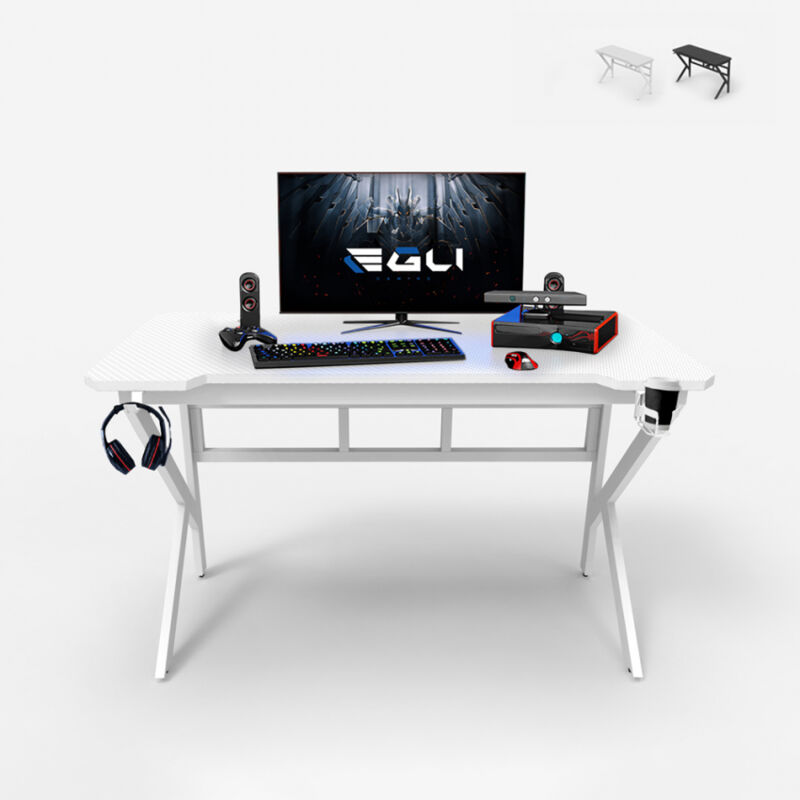 

Mesa gamer de carbono 120x60cm, cables para auriculares, soporte para bebidas Sportbot 120 | Blanco