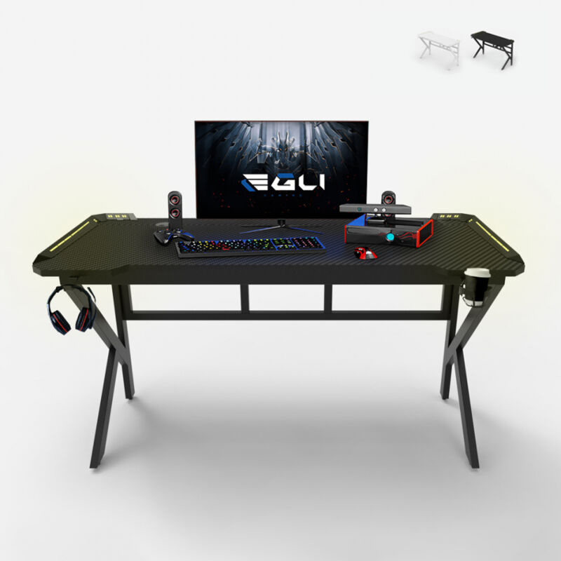 

Egli - Mesa gamer ergonómica con LED de carbono para auriculares y bebidas 160x60cm Sportbot LED 160 | Color: Negro