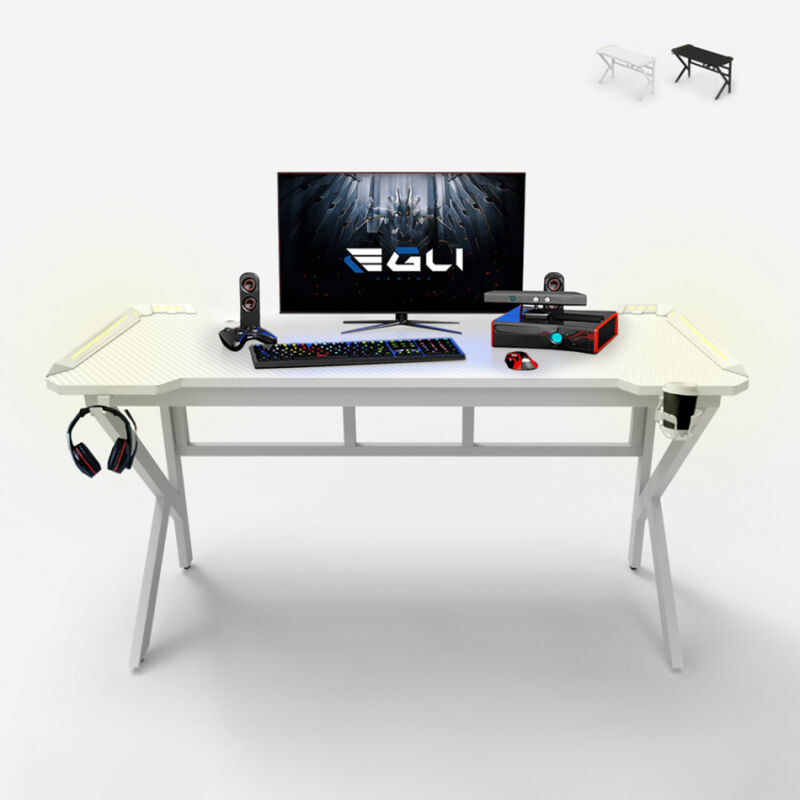 

Egli - Mesa gamer ergonómica con LED de carbono para auriculares y bebidas 160x60cm Sportbot LED 160 | Blanco